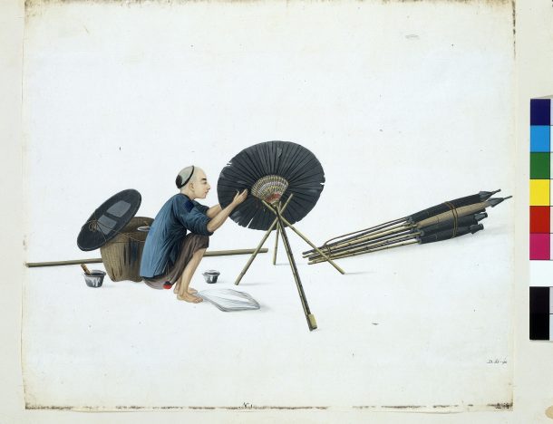 D.62-1898 Painting-Umbrella mender; Attributed to Puqua; Chinese (Guangzhou); c.1790; Watercolour. © Victoria and Albert Museum, London