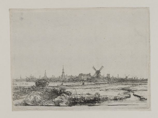 Amsterdam from the Northwest by Rembrandt van Rijn. Etching, engraving and drypoint. V&A CAI.608