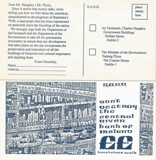 Protest postcard by S.A.D.D, 1988. (Image courtesy of Ciaran Cuffe of S.A.D.D.)