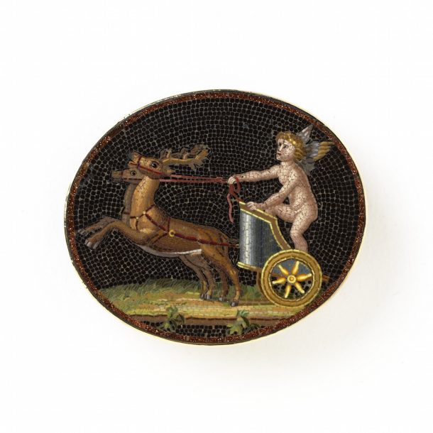 Brooch with Amor in a chariot, Rome, setting dated 1843; 3.2x3.7cm