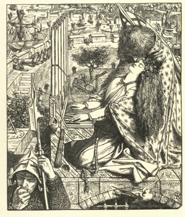 'St. Cecilia' by Dante Gabriel Rossetti. Wood engraving, p. 113 of Tennyson's Poems, published by Moxon in 1857. Museum no. 38041800149130. ©Victoria and Albert Museum, London