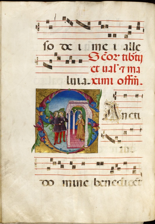 f48v: leaf from Dominican Gradual, illustrating the Feast of Tiburtius, Valerian and Maximus. Italy, between 1450 and 1499. Museum no. 38041800591901. ©Victoria and Albert Museum, London