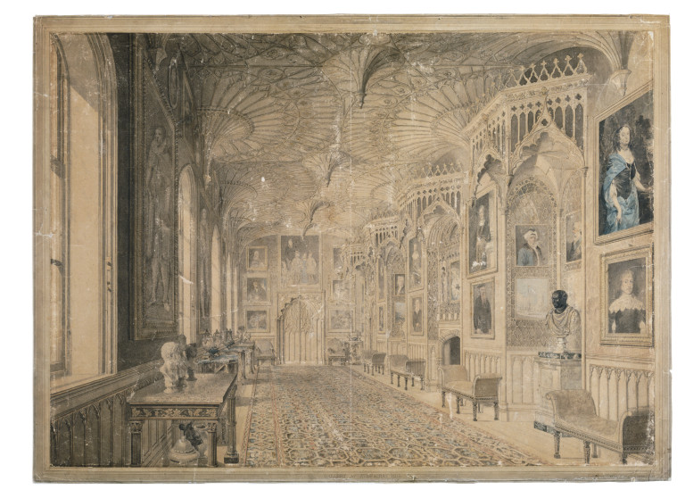 ‘The Gallery at Strawberry Hill’, the “queer gothic” home of Horace Walpole. Watercolour by T Sandby, and probably P Sandby and E Edwards, England, 1781. V&A D.1837-1904