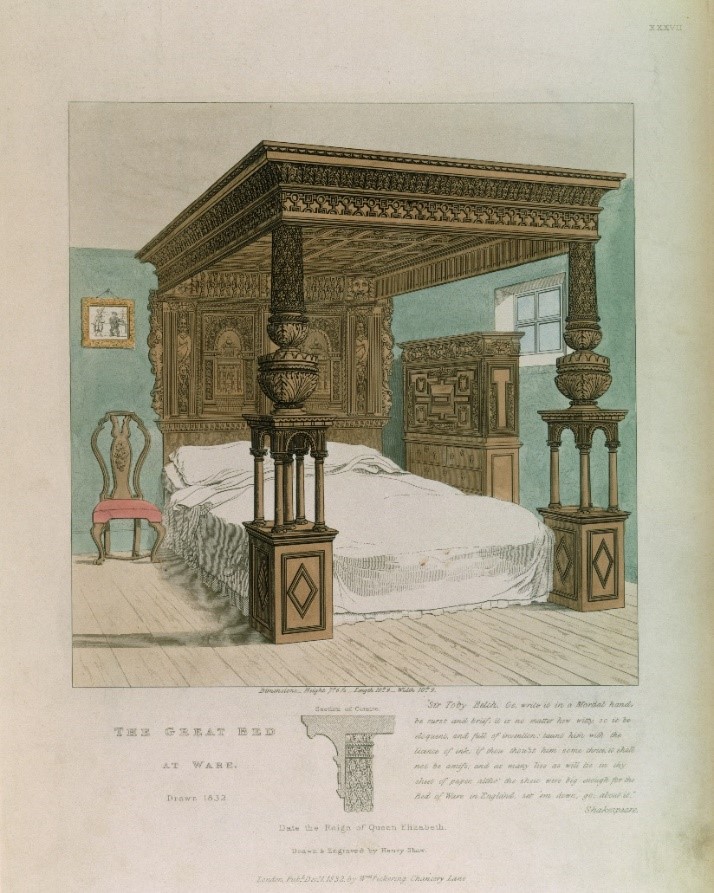 A print of the Great Bed of Ware (museum no. W.47:1 to 28-1931) in 1832, during its period at The Saracen’s Head © Victoria & Albert Museum, London