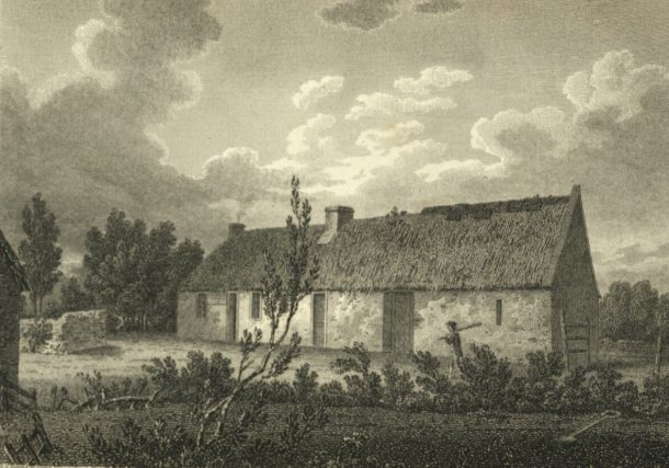 Engraving of "A cottage near Kirk Alloway in Ayrshire: the birth place of Robt. Burns". Contained in: Views in North Britain, illustrative of the works of Robert Burns, by James Storer and John Greig. Book, published London: Vernor and Hood, 1805.