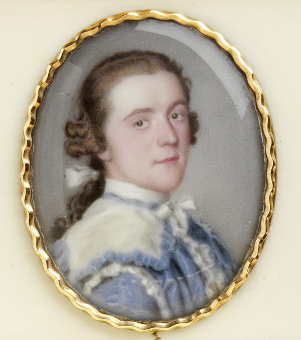 Portrait miniature, enamel on copper, London. Mounted into a carved ivory snuffbox. Inscription on the rim of the box: John the 1st Earl of Spencer. painted by Jean Etienne Liotard. Museum no. LOAN:GILBERT.408-2008