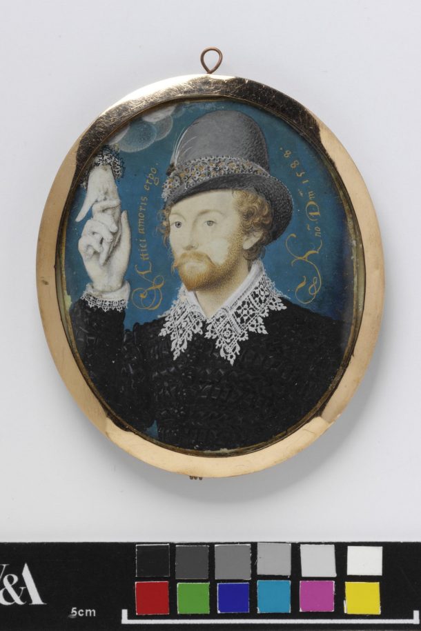 Man Clasping a Hand from Cloud, perhaps Lord Thomas Howard, 1588, Nicholas Hilliard. Watercolour on vellum mounted on to plain brown card, probably a later addition. Transferred from the British Museum. Museum no: P.21-1942 Gallery location: location, 90a, case 3 