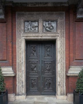 Original front entrance doors to the Victoria & Albert Museum; bronze; now in the Pirelli Garden; designed by James Gamble & Reuben Townroe (1835 - 1911), based on designs by Godfrey Sykes (1824 - 66), made by G.Franchi & Sons; English (London); 1868.