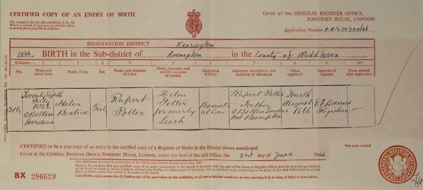 Beatrix Potter's birth certificate