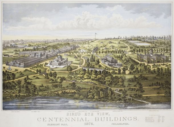 Colour lithograph showing a bird’s eye view of the Centennial buildings in Fairmount Park, Philadelphia, 1876.