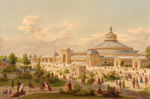 Colour lithograph depicting the Rotunda and Main Exhibition Hall of the Weltausstellung in Vienna 1873.