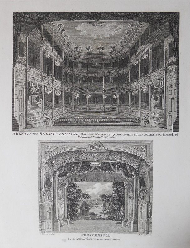 The stage and proscenium arch at the Royalty Theatre, 1815, drawn by C. Westmacott and engraved by B. Howlett