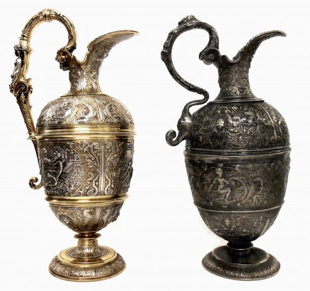 An electrotyped ewer by Elkington & Co. made in 1852 alongside the antique pewter original made c.1590 from which it was copied.