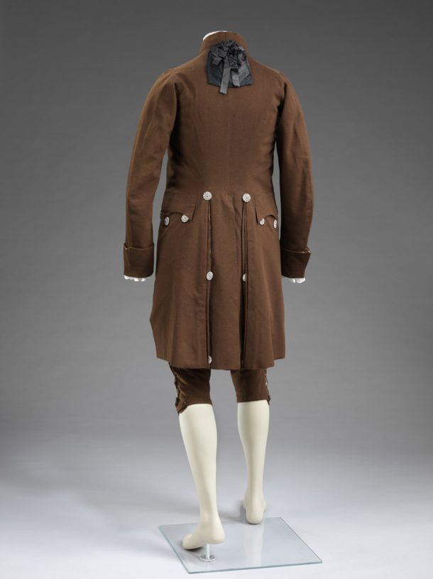 Man`s suit of coat, waistcoat and breeches, dark brown wool,
