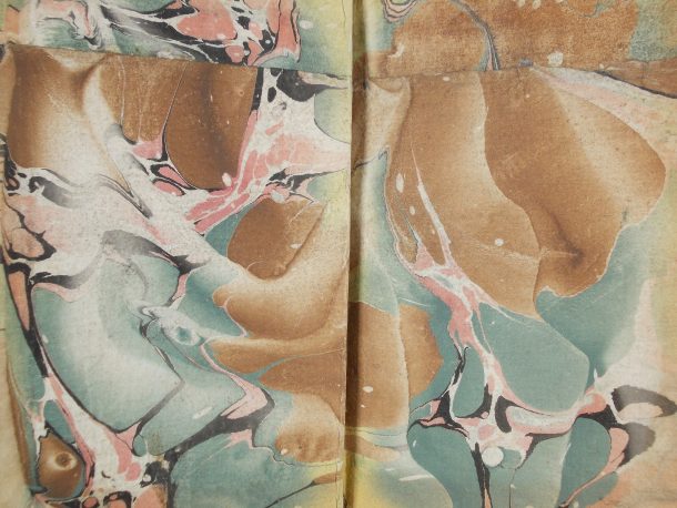 Pieced together marbled endpaper from Madrid, 1788.