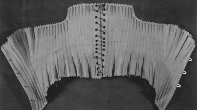 Woven corset, Charles Bayer, Britain, London, 1879-85. Linen, silk and whalebone (baleen), V&A: T.114&A-1938.