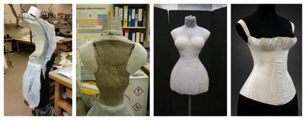 Figure 3. (V&A: T.57-1948) Mounting process for 1825-35 corset, Britain, corded and quilted cotton, silk thread and whalebone (Photography by Lilia Prier Tisdall © Victoria and Albert Museum, London)
