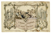 Image: The first Christmas card, commissioned by Henry Cole and designed by John Callcott Horsley, 1843 Lithograph coloured by hand. Museum number L.3293-1987 (c) Victoria and Albert Museum 