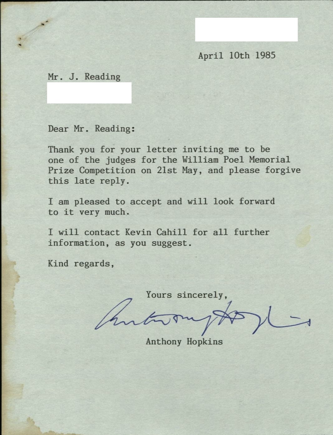 6.Letter from Anthony Hopkins regarding the Poel Event, 1985, Society for Theatre Research archive [THM/472]