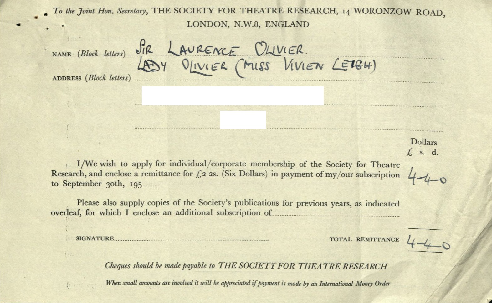 3.Receipt for membership for Lord and Lady Olivier, 1958, Society for Theatre Research archive [THM/472]