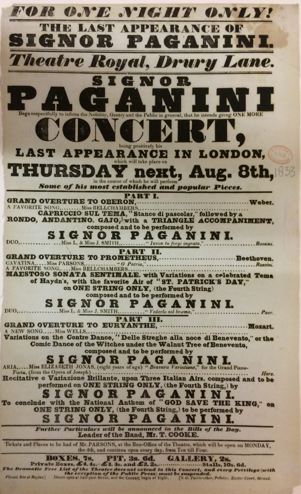 Playbill for ‘The Last Appearance of Signor Paganini’ 