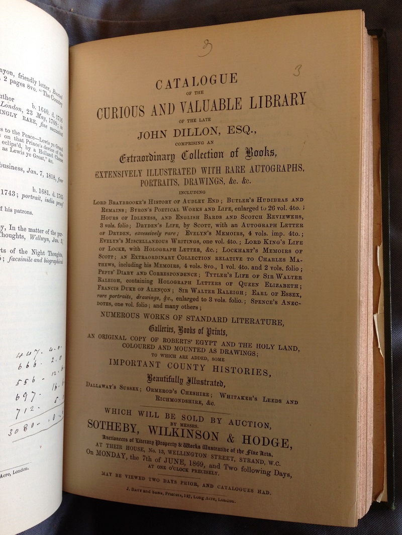 Title page to the sale catalogue of Dillon’s library