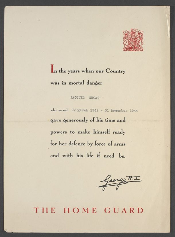 Certificate commemorating Jacques Groag's membership of the Home Guard