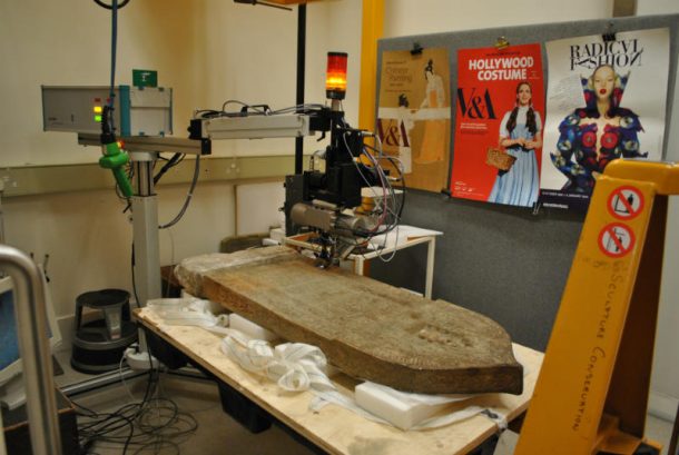 Footstone of the tomb of Nur al-Din Ibrahim (Mus.no. A.13-1933) undergoing XRF analysis Image, J. Puisto © Victoria and Albert Museum, London