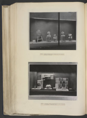 Shop window displays of Chalk White Hats & Turkish Towels at Harrods, London, August 1939. ©Victoria & Albert Museum