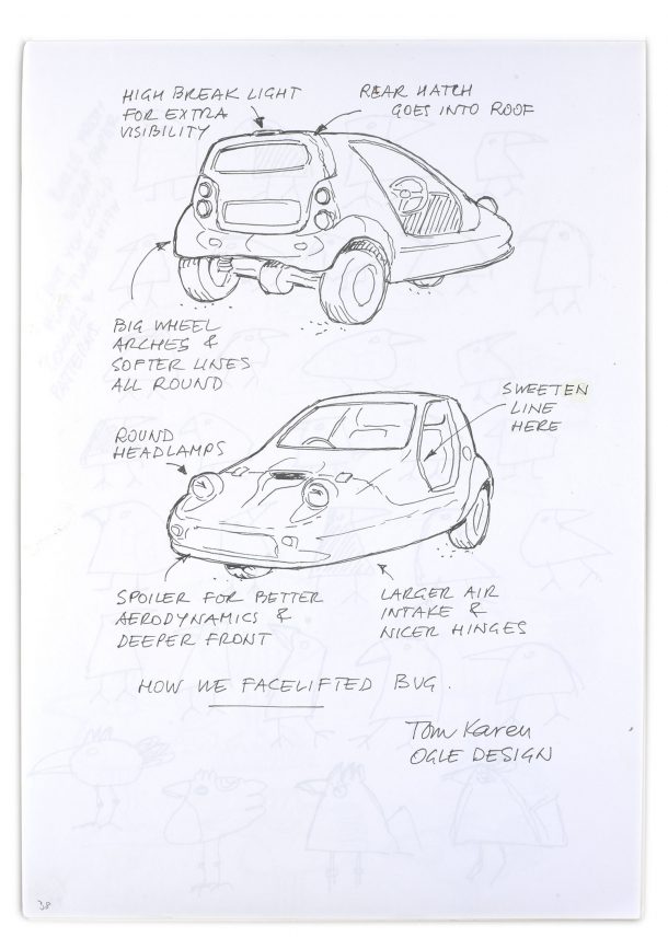 Worked up drawing of a three-wheeled car