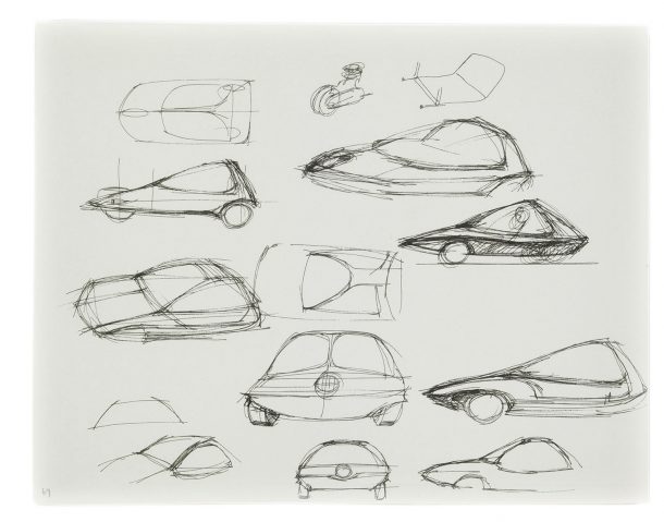Outline drawings for a three-wheeled car