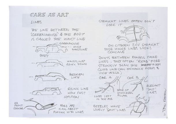 Notes on car design in a sketchbook