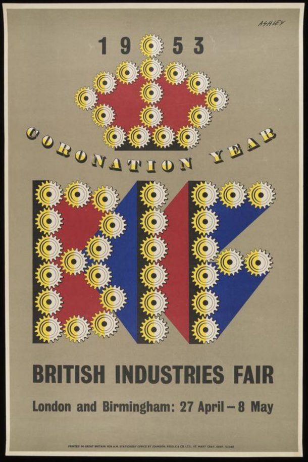 Poster for British Industries Fair showing crown made out of cogs