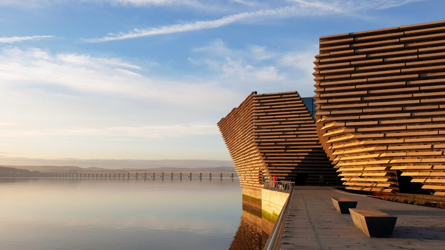 V&A Dundee on the edge of the river Tay in the sunrise.