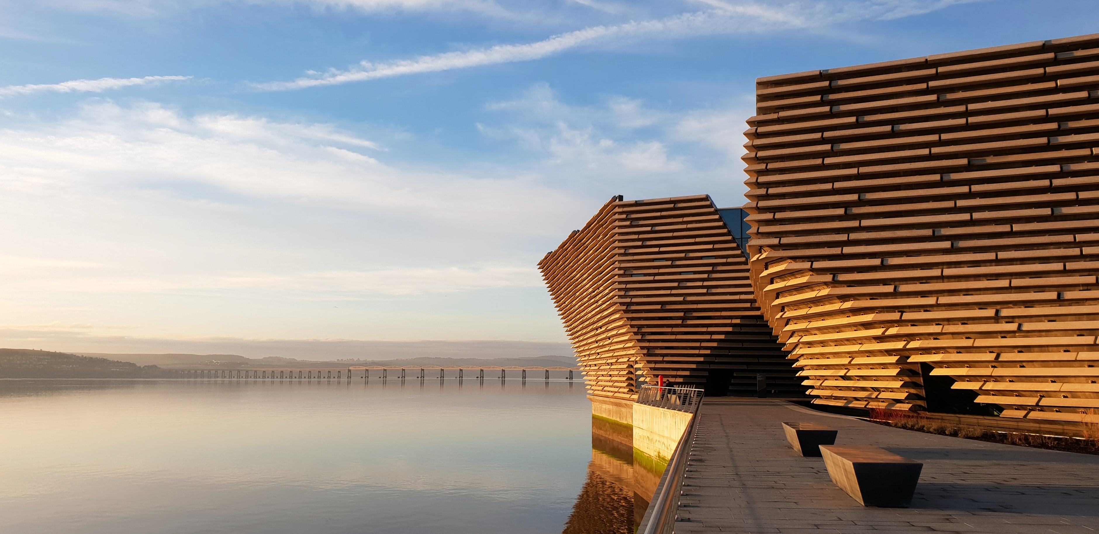 V&A Dundee on the edge of the river Tay in the sunrise.