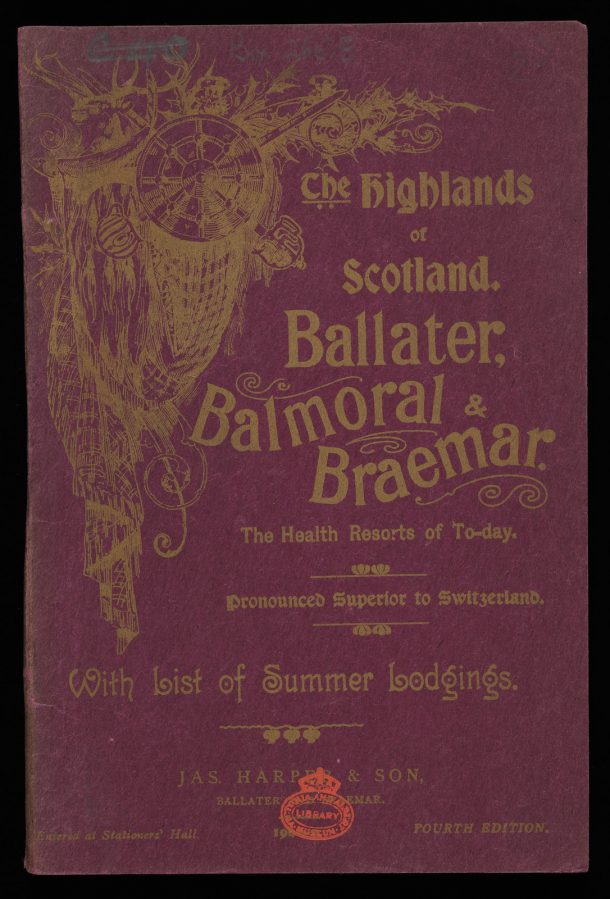 A burgundy paper front cover with gold stamped design featuring swords, tartan and embellishments. The title is written down the right hand side with extra text in a variety of fonts.
