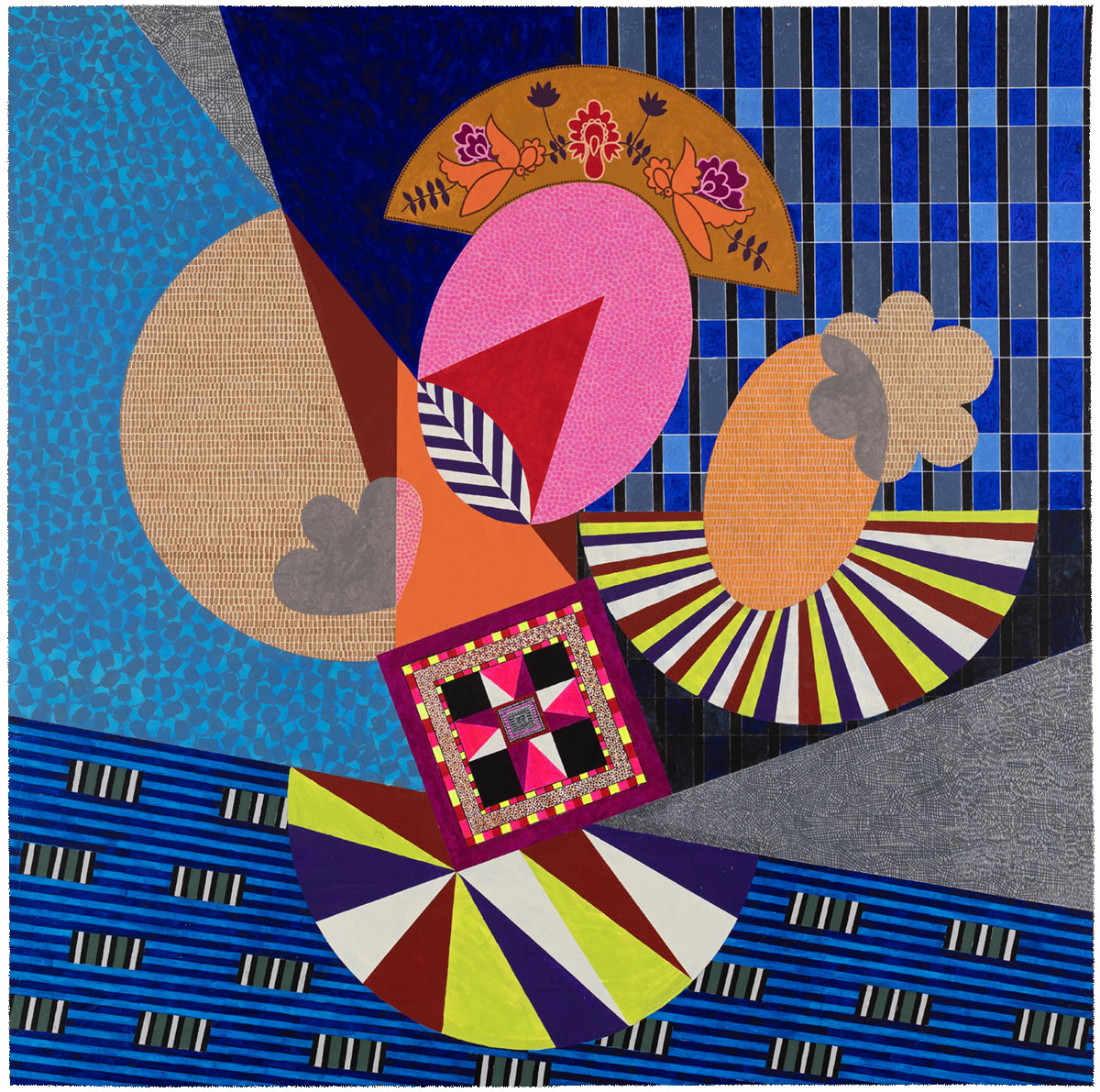 A brightly coloured painting comprising geometric shapes