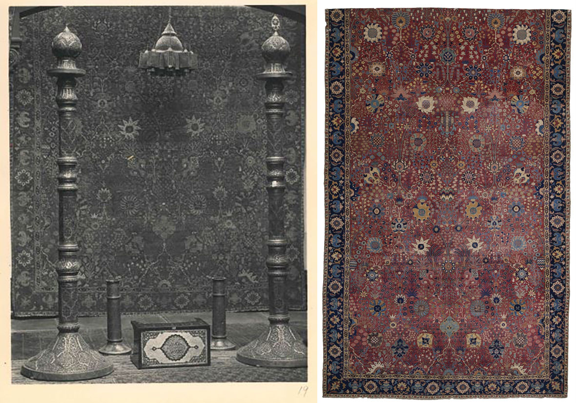 Composite image showing a carpet in a book, and how it is now