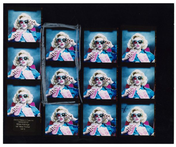 A contact sheet with photographs showing a woman holding popcorn