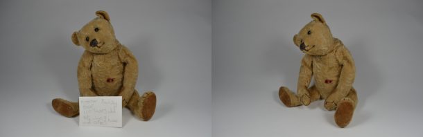 Two views of a teddy bear with a repaired hole
