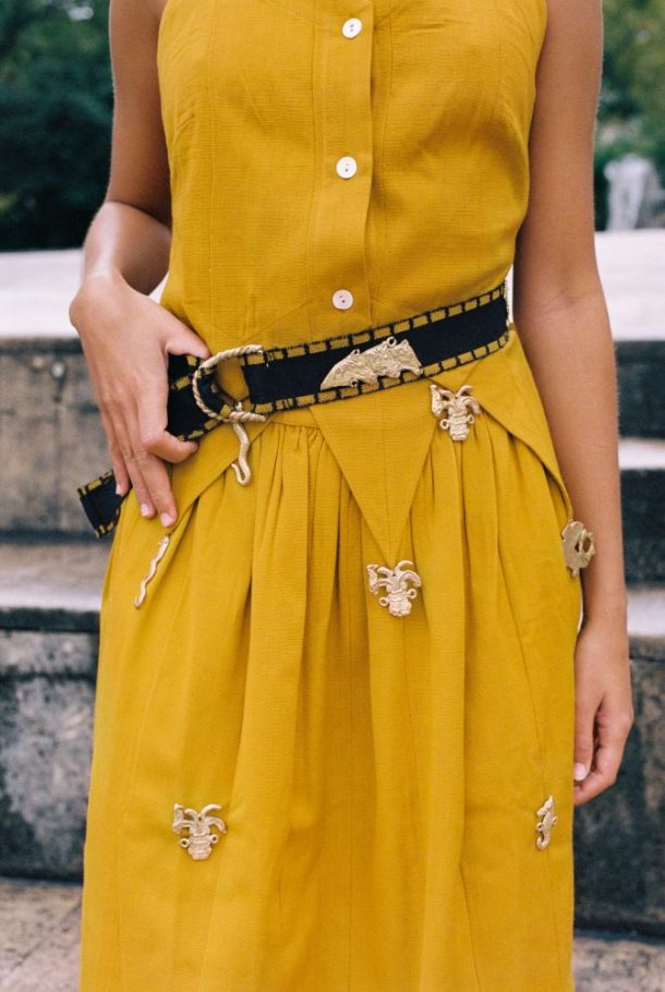 Yellow dress buttoned at the front 