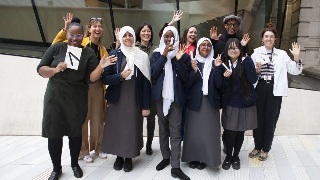 pupils from Central Foundation Girls School, London with the judges.