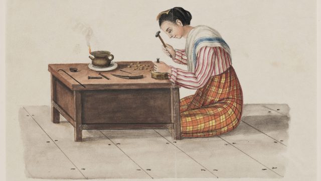 Watercolour depicting a woman working.