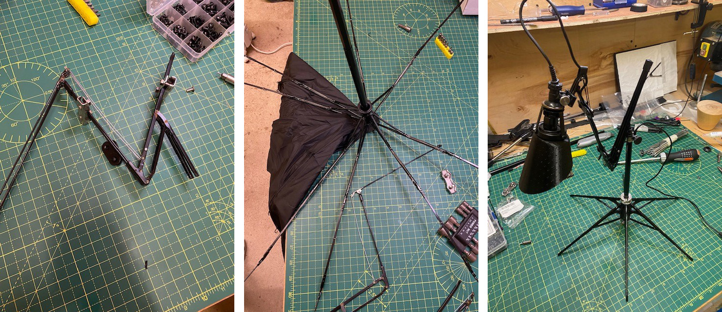 Three pictures showing how an umbrella frame can be used to make a lamp.