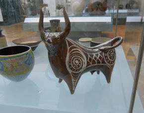 William Newland (1919-98), Figure of a Bull, 1954, earthenware with incised decoration through a brown glaze over a white tin glaze, CIRC.57-1954 © Victoria and Albert Museum, London