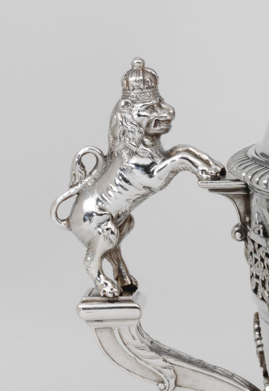 Detail of one of the handled, applied with a lion, one of the royal supporters  © The Rosalinde and Arthur Gilbert Collection on loan to the V&A, London