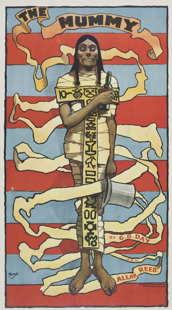 A poster showing a figure wrapped in bandages in front of a background of blue and red stripes
