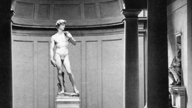Michelangelo’s David in the Tribuna of the Academy of Fine Arts, post 1903 – ante 1909. Note the plaster cast of the Head displayed on the right-hand side (Alinari Archives, published in L’Accademia, Michelangelo, l’Ottocento, cit., p.46, detail).