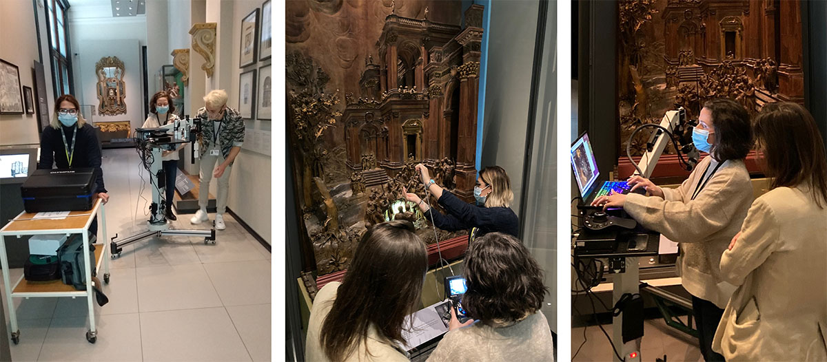 Three images showing the team preparing to investigate a large carved panel with scientific equipment.