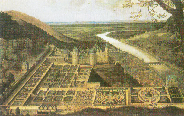 Heidelberg Castle and the Hortus Palatinus, showing the large, multi-level terraced garden